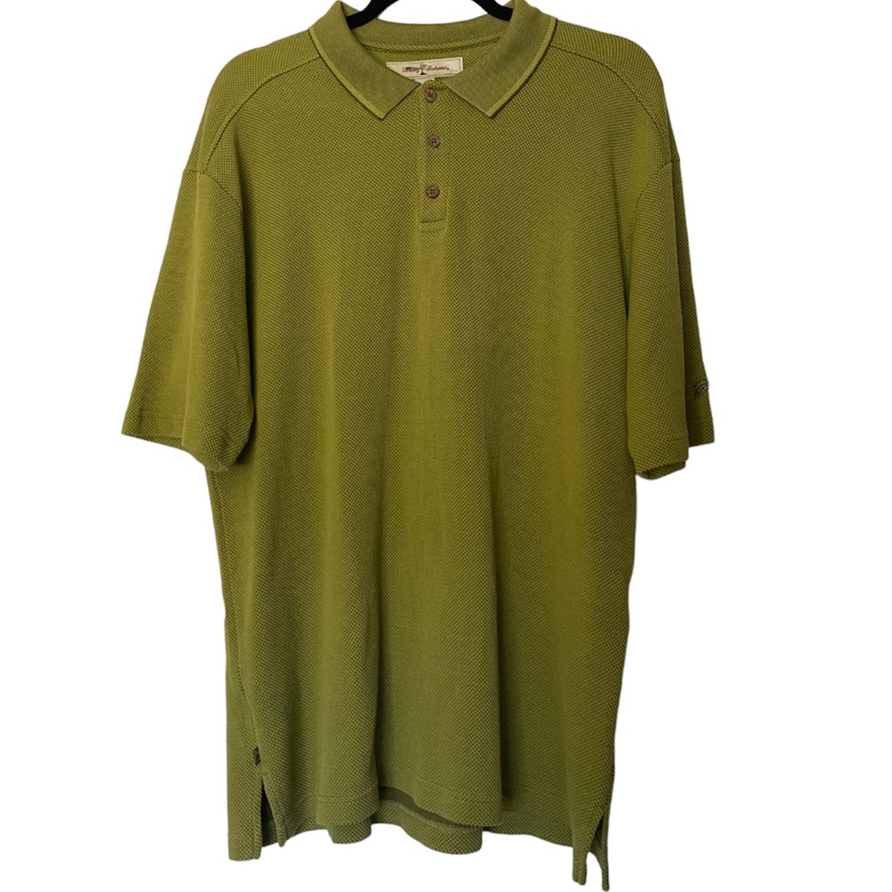 Tommy Bahama Green Textured Silk Blend 3 Button Collared Short Sleeve Polo Shirt